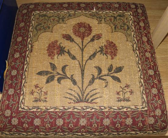 A foot stool with floral tapestry type upholstery, W.53cms